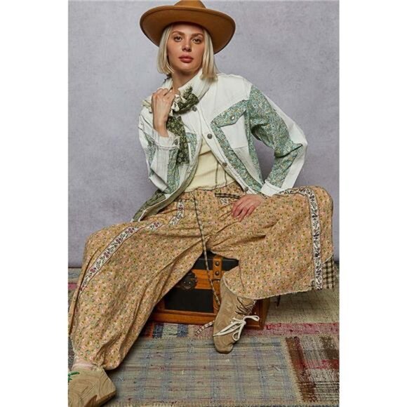 POL Button Down Patchwork Denim Jacket with Floral Print Details - Picture 6 of 8